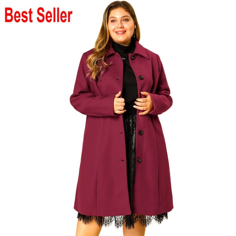 Plus Size Wool Pea Coat Single Breasted Belted Longline Winter Coat Elegant